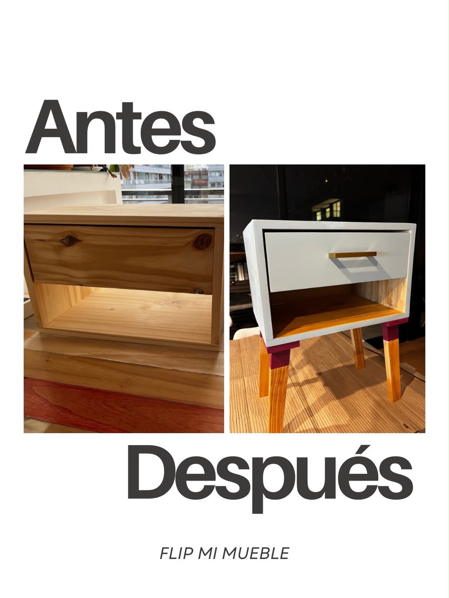 Mesita de pino antes y despu茅s de la restauraci贸n, pintada de blanco con manija dorada y patas con puntas en borravino